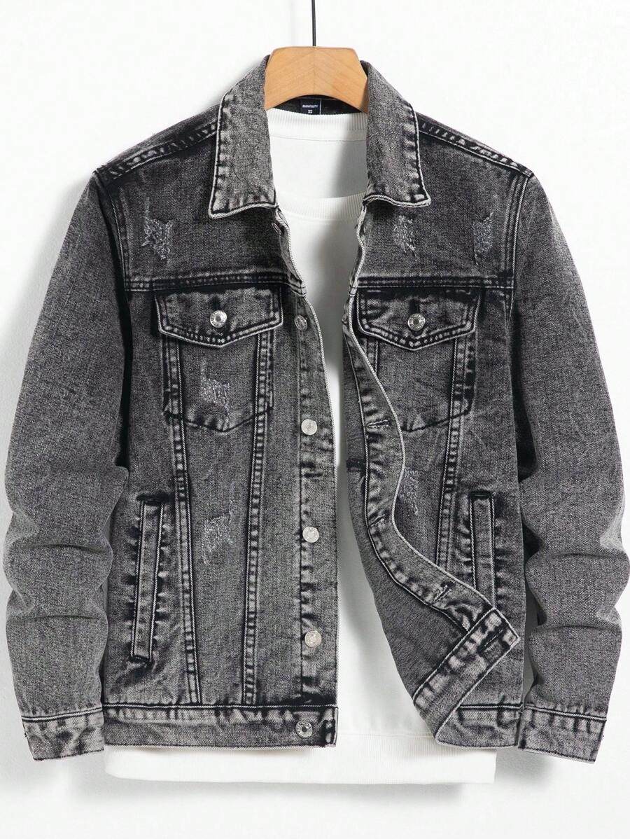 Manfinity Homme Men's Distressed Long Sleeve Denim Jacket, Dark Cotton Plain Black Party Grunge Rapper Going Out Vacation National Park Urban Gym, For Fall