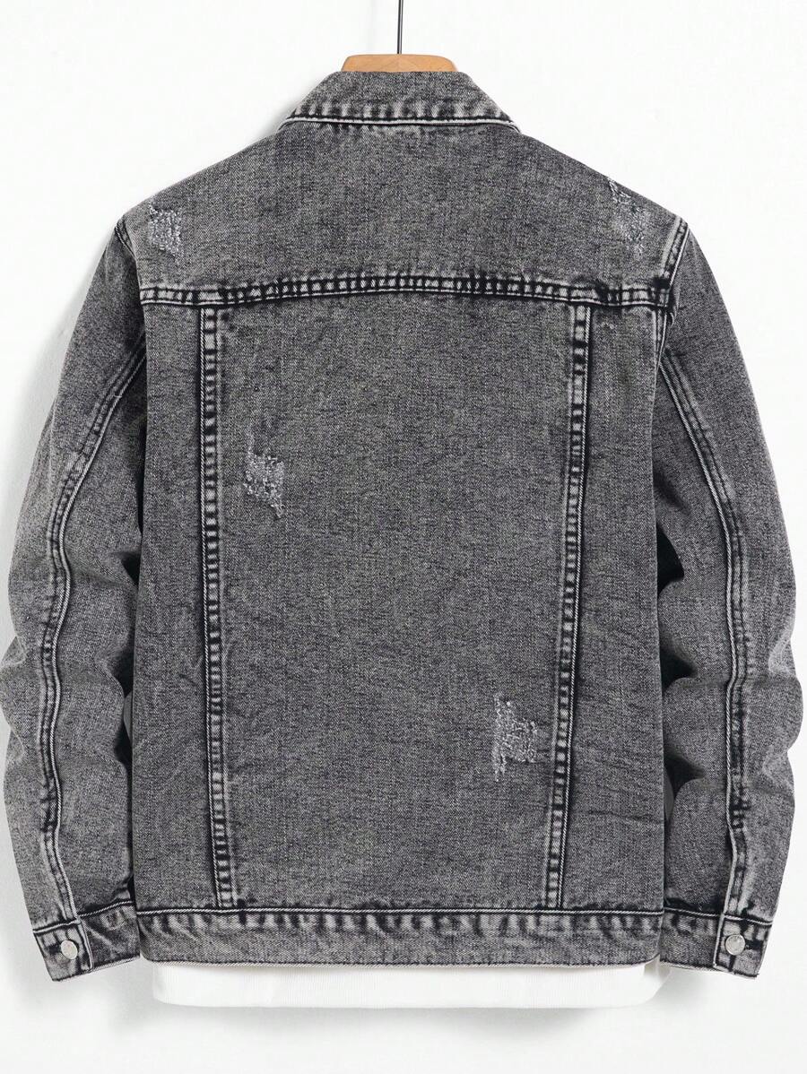 Manfinity Homme Men's Distressed Long Sleeve Denim Jacket, Dark Cotton Plain Black Party Grunge Rapper Going Out Vacation National Park Urban Gym, For Fall
