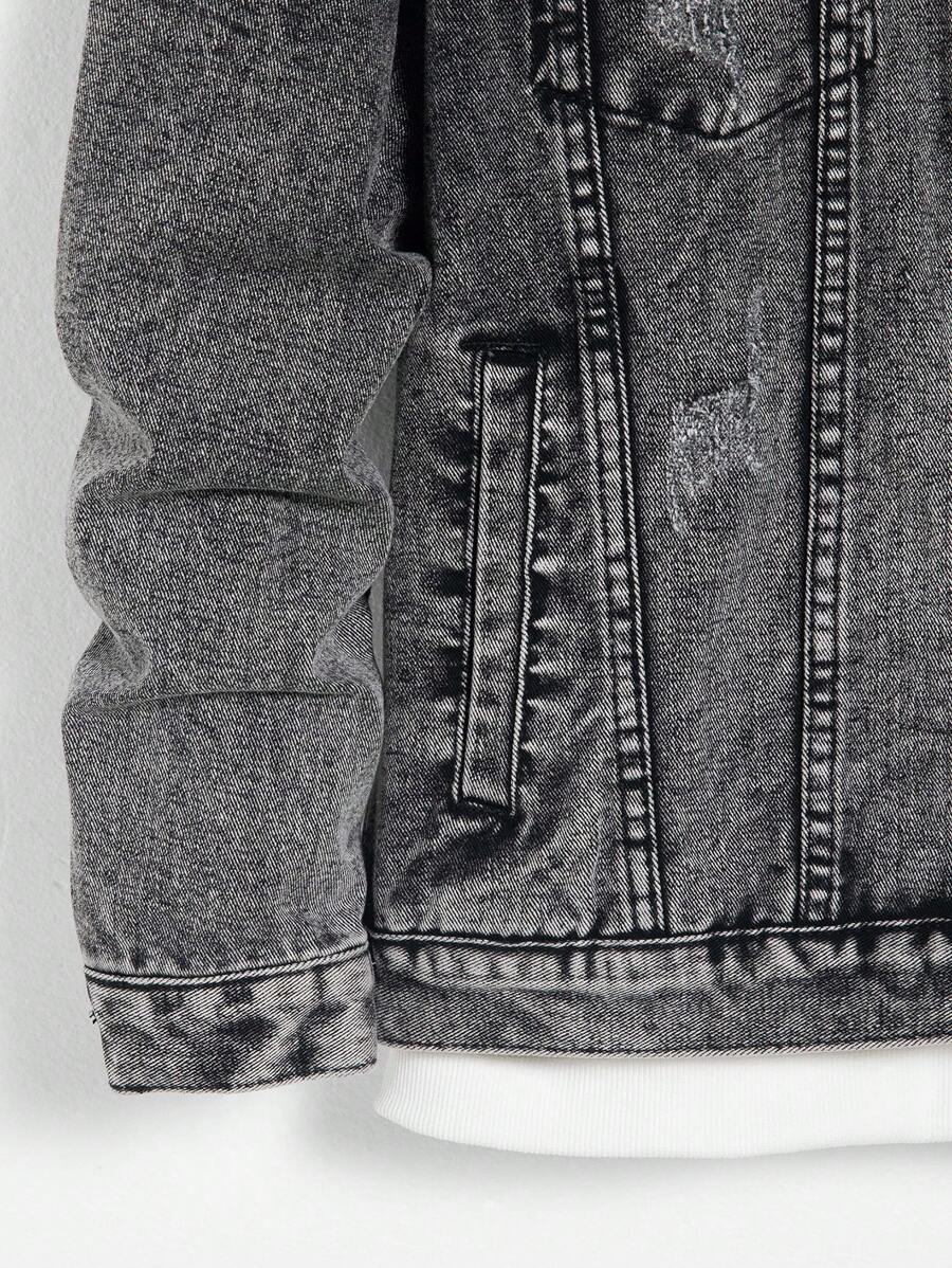 Manfinity Homme Men's Distressed Long Sleeve Denim Jacket, Dark Cotton Plain Black Party Grunge Rapper Going Out Vacation National Park Urban Gym, For Fall