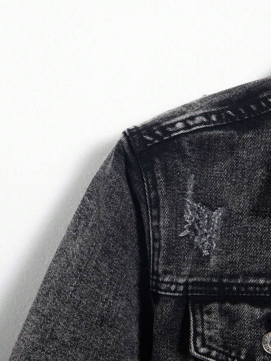 Manfinity Homme Men's Distressed Long Sleeve Denim Jacket, Dark Cotton Plain Black Party Grunge Rapper Going Out Vacation National Park Urban Gym, For Fall