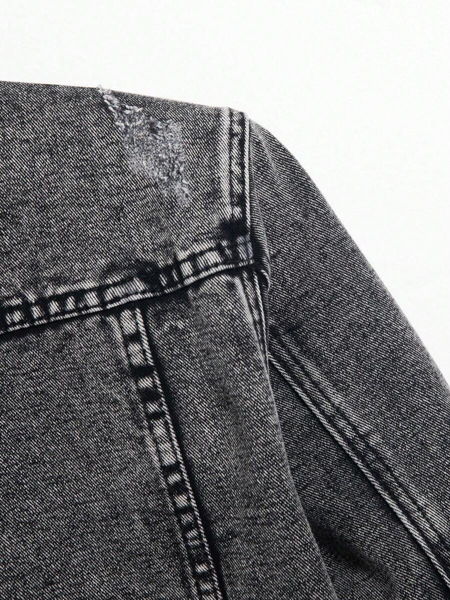 Manfinity Homme Men's Distressed Long Sleeve Denim Jacket, Dark Cotton Plain Black Party Grunge Rapper Going Out Vacation National Park Urban Gym, For Fall
