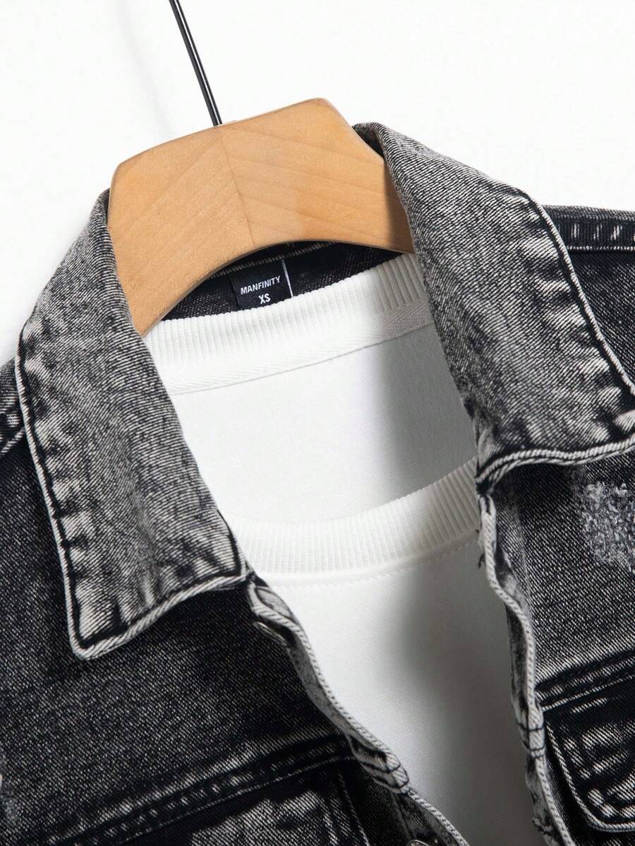 Manfinity Homme Men's Distressed Long Sleeve Denim Jacket, Dark Cotton Plain Black Party Grunge Rapper Going Out Vacation National Park Urban Gym, For Fall