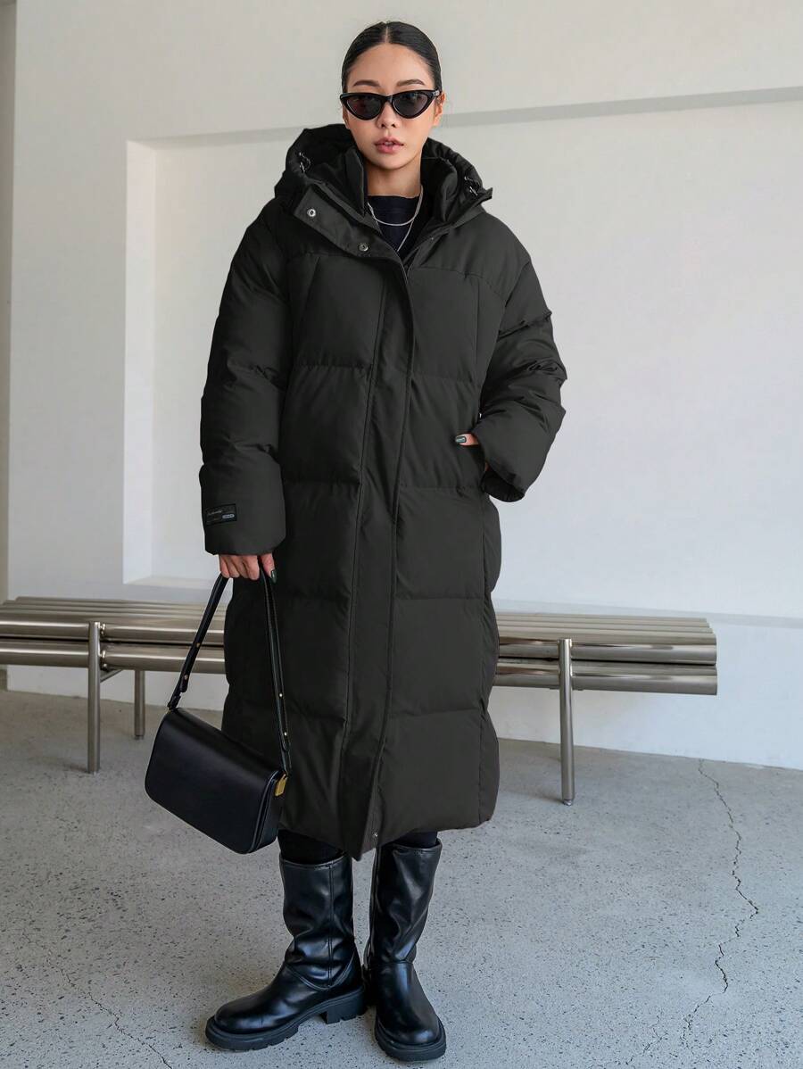 DAZY Letter Patched Detail Zip Up Hooded Padded Coat ,Winter Women Clothes,Winter Coat Women