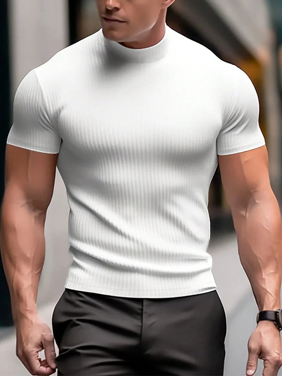 Manfinity Homme Men's Solid Color Ribbed Short Sleeve T-Shirt, Fall