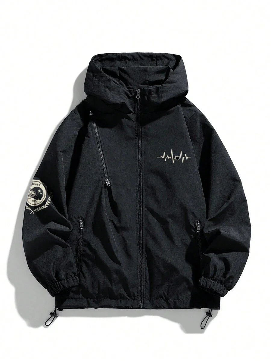 Men Casual Printed Lightweight Windbreaker Hooded Jacket, Fall