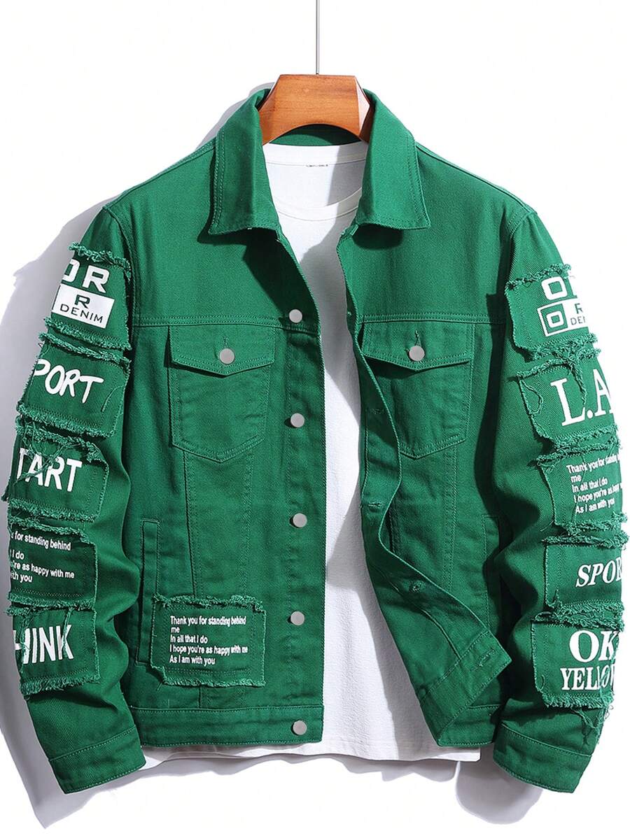 Manfinity Homme Men Cotton Slogan Graphic Flap Pocket Denim Jacket Without Tee, Fall