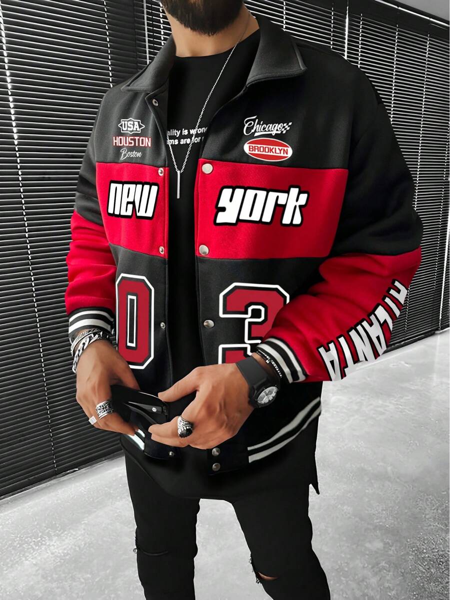 Manfinity LEGND Men Letter Graphic Colorblock Drop Shoulder Oversize Jacket, Colorful, Race Car, Long Sleeve, Going Out, Techwear, Boyfriend Gift, Men Red And Black Jacket, Men Varsity Jacket, Men Streetwear Jacket, Grunge, Fall