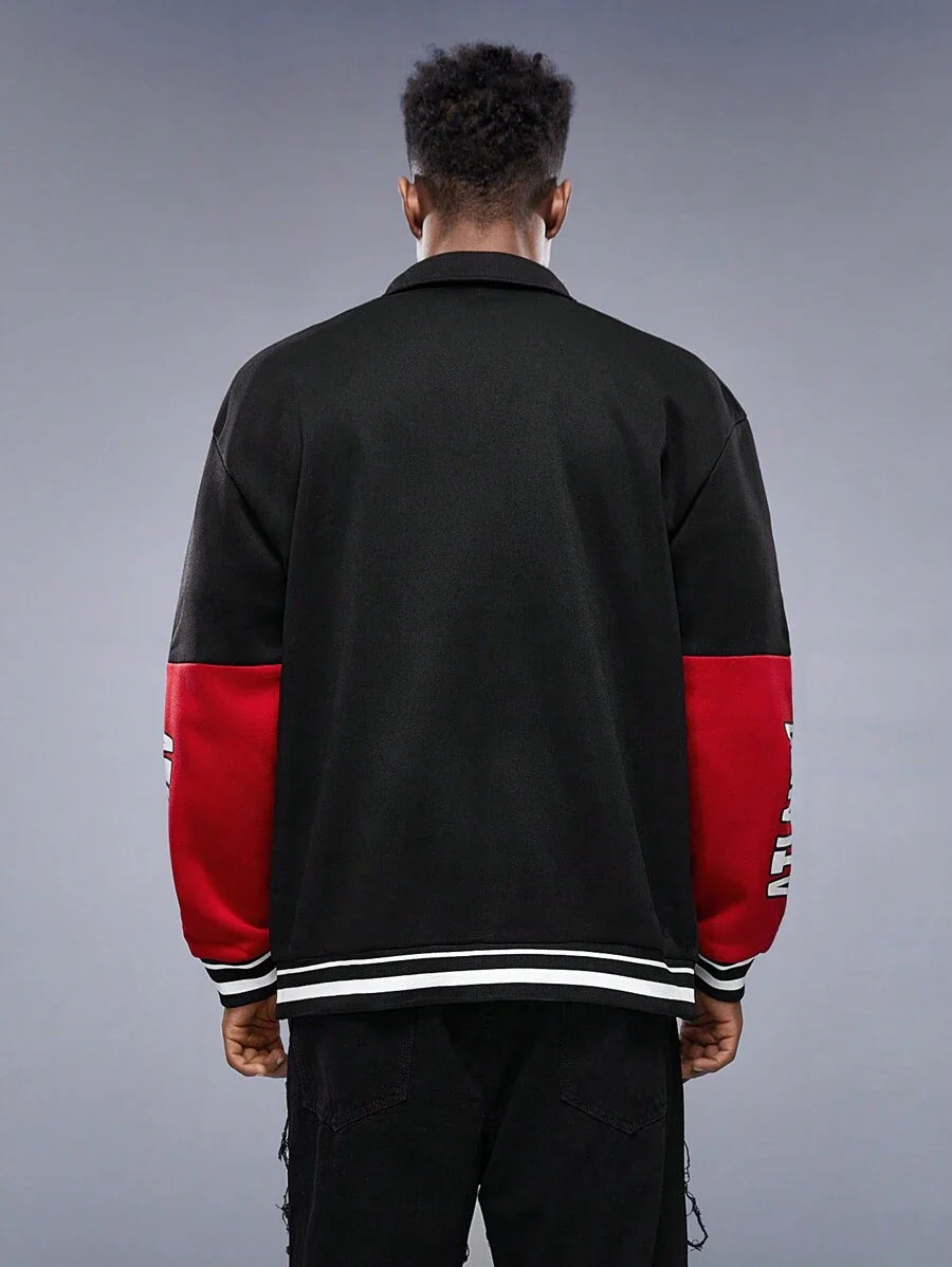 Manfinity LEGND Men Letter Graphic Colorblock Drop Shoulder Oversize Jacket, Colorful, Race Car, Long Sleeve, Going Out, Techwear, Boyfriend Gift, Men Red And Black Jacket, Men Varsity Jacket, Men Streetwear Jacket, Grunge, Fall