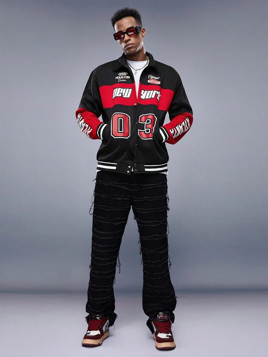Manfinity LEGND Men Letter Graphic Colorblock Drop Shoulder Oversize Jacket, Colorful, Race Car, Long Sleeve, Going Out, Techwear, Boyfriend Gift, Men Red And Black Jacket, Men Varsity Jacket, Men Streetwear Jacket, Grunge, Fall