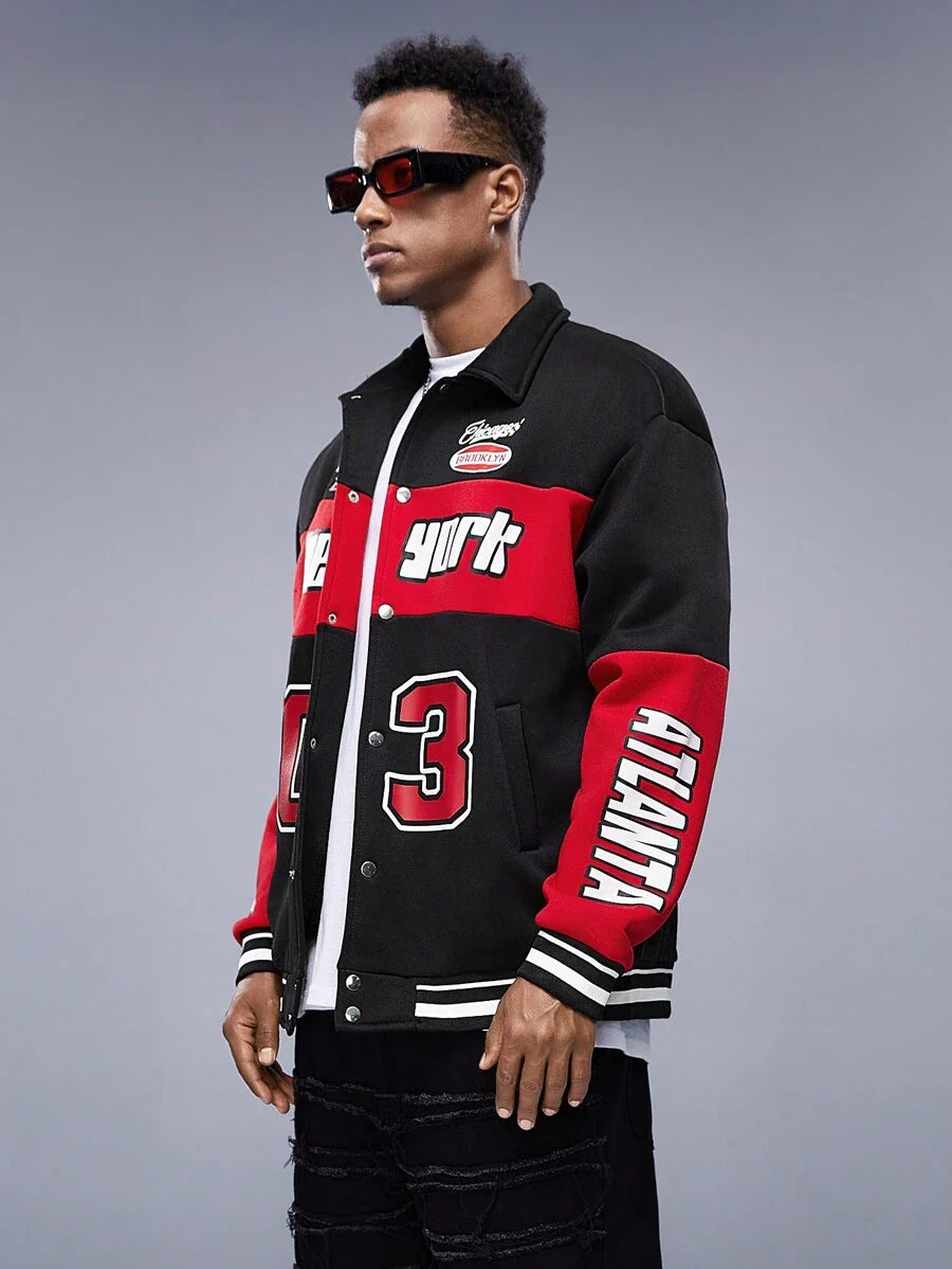 Manfinity LEGND Men Letter Graphic Colorblock Drop Shoulder Oversize Jacket, Colorful, Race Car, Long Sleeve, Going Out, Techwear, Boyfriend Gift, Men Red And Black Jacket, Men Varsity Jacket, Men Streetwear Jacket, Grunge, Fall
