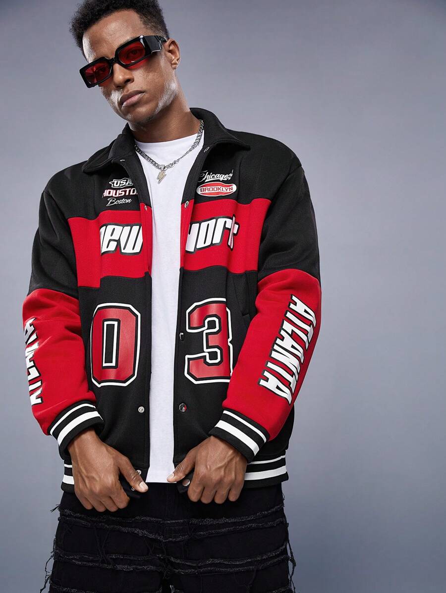 Manfinity LEGND Men Letter Graphic Colorblock Drop Shoulder Oversize Jacket, Colorful, Race Car, Long Sleeve, Going Out, Techwear, Boyfriend Gift, Men Red And Black Jacket, Men Varsity Jacket, Men Streetwear Jacket, Grunge, Fall