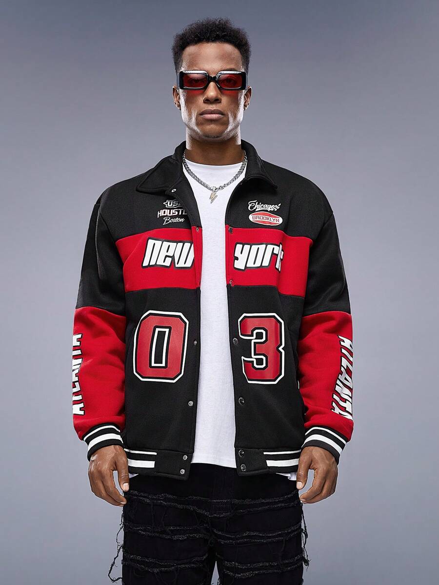 Manfinity LEGND Men Letter Graphic Colorblock Drop Shoulder Oversize Jacket, Colorful, Race Car, Long Sleeve, Going Out, Techwear, Boyfriend Gift, Men Red And Black Jacket, Men Varsity Jacket, Men Streetwear Jacket, Grunge, Fall