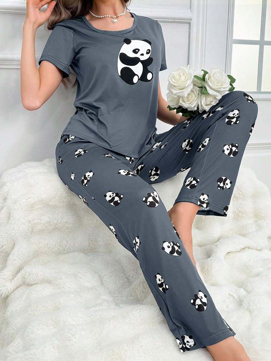 Women's Panda Print Short Sleeve Top And Long Pants Pajama Sets