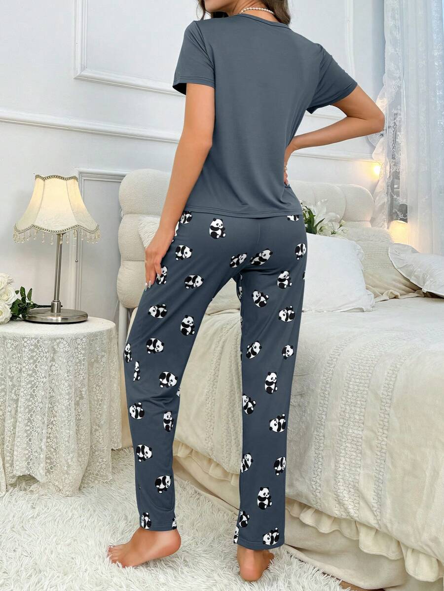Women's Panda Print Short Sleeve Top And Long Pants Pajama Sets