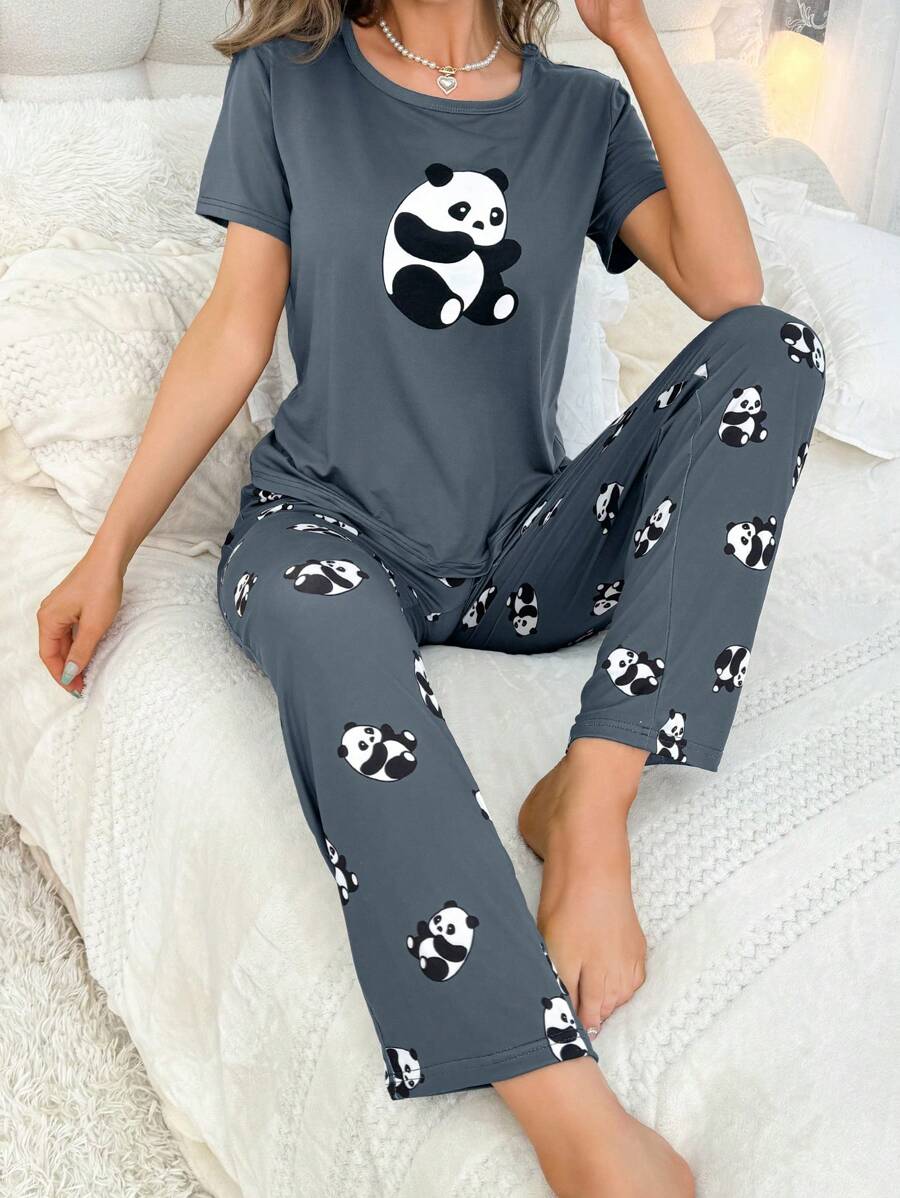 Women's Panda Print Short Sleeve Top And Long Pants Pajama Sets