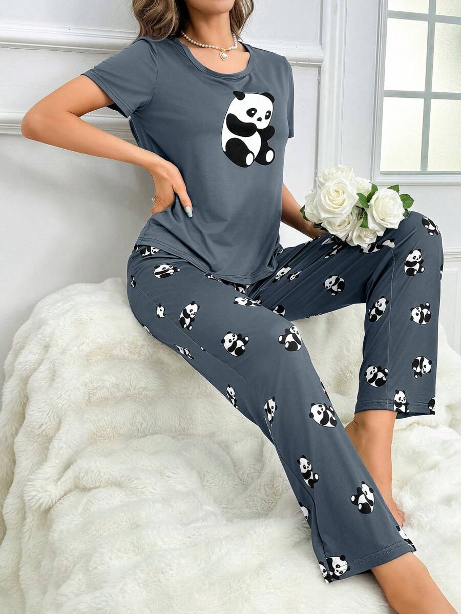 Women's Panda Print Short Sleeve Top And Long Pants Pajama Sets