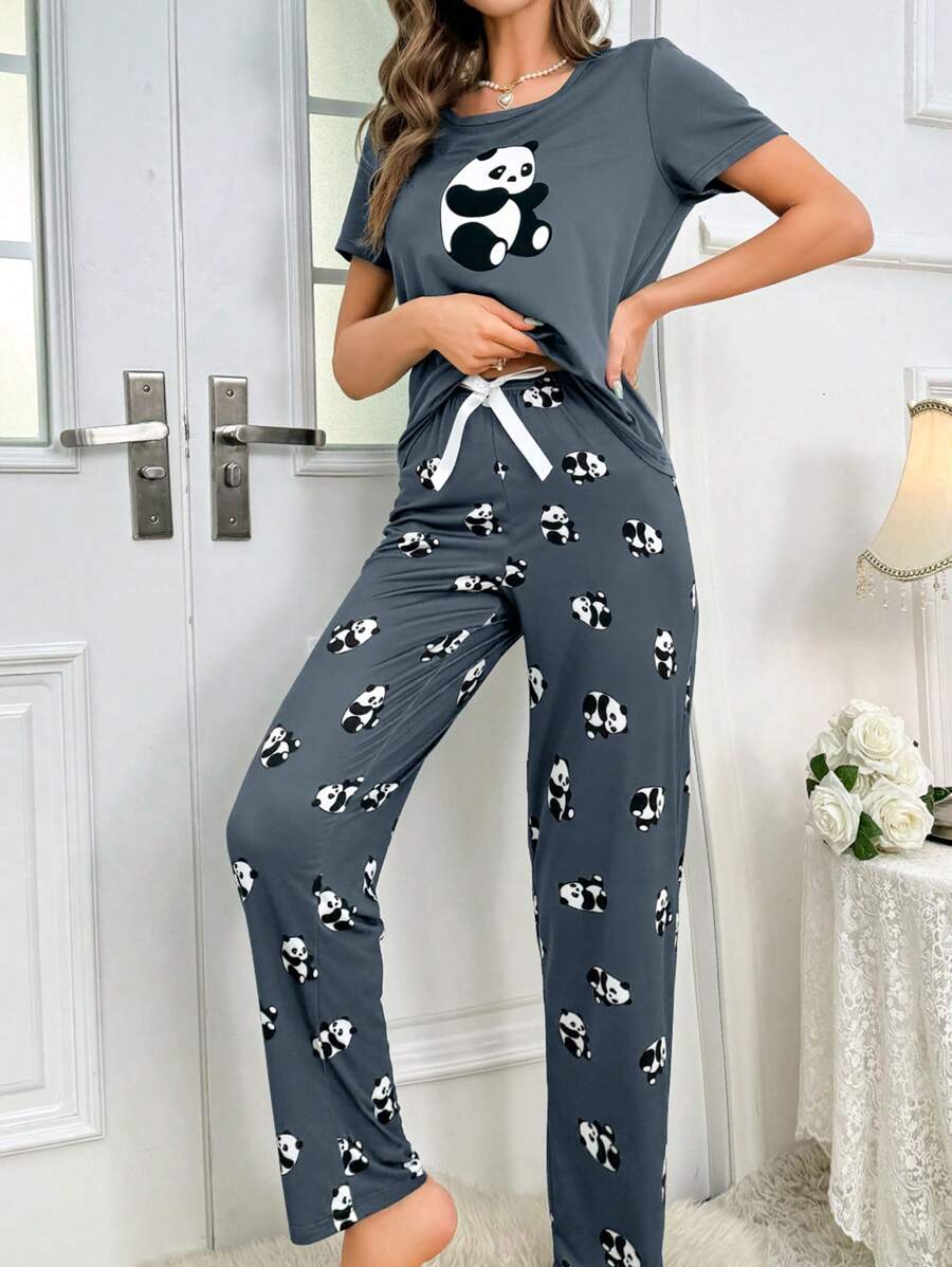 Women's Panda Print Short Sleeve Top And Long Pants Pajama Sets