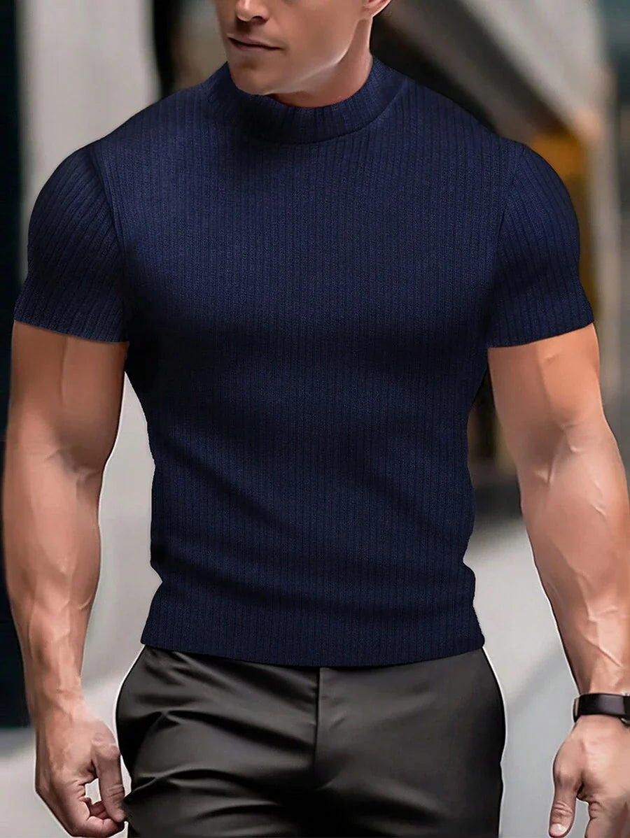 Manfinity Homme Men's Solid Color Ribbed Short Sleeve T-Shirt, Fall