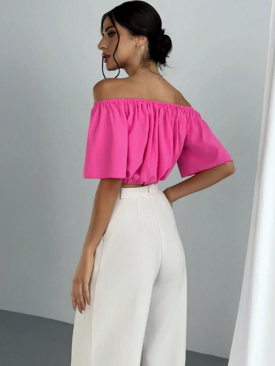 Aloruh Solid Color V-Neck Off Shoulder Casual Top