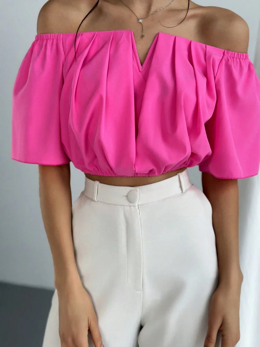 Aloruh Solid Color V-Neck Off Shoulder Casual Top