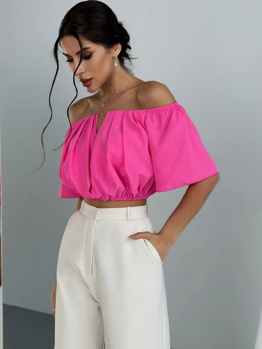 Aloruh Solid Color V-Neck Off Shoulder Casual Top