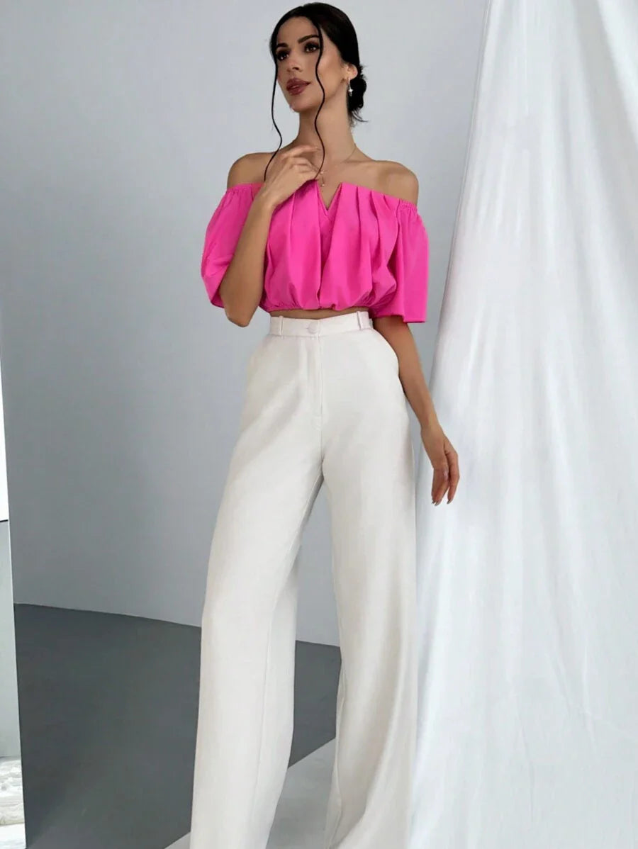 Aloruh Solid Color V-Neck Off Shoulder Casual Top