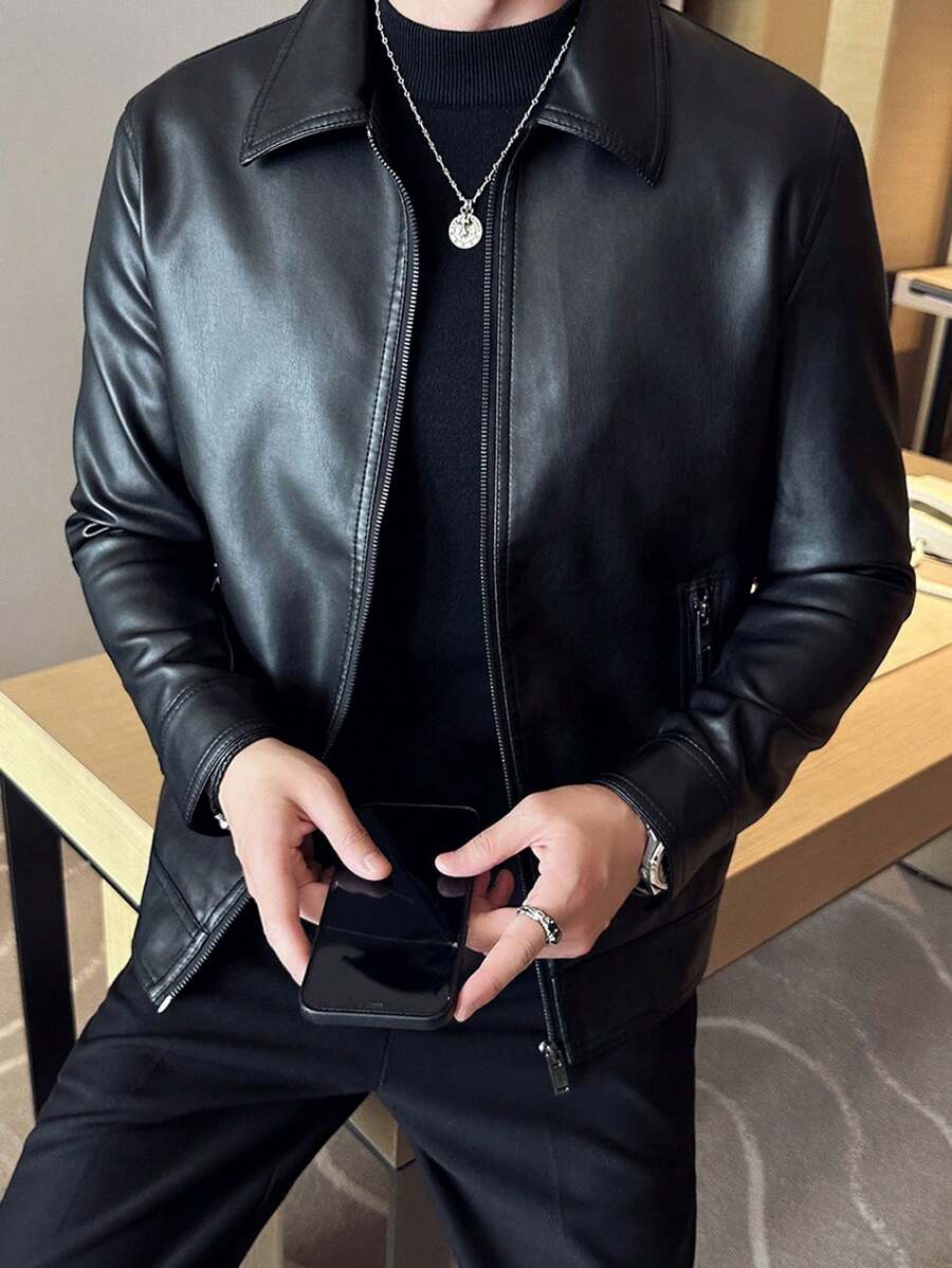Men's Spring Autumn New Motorcycle Leather Jacket Outerwear,Fleece