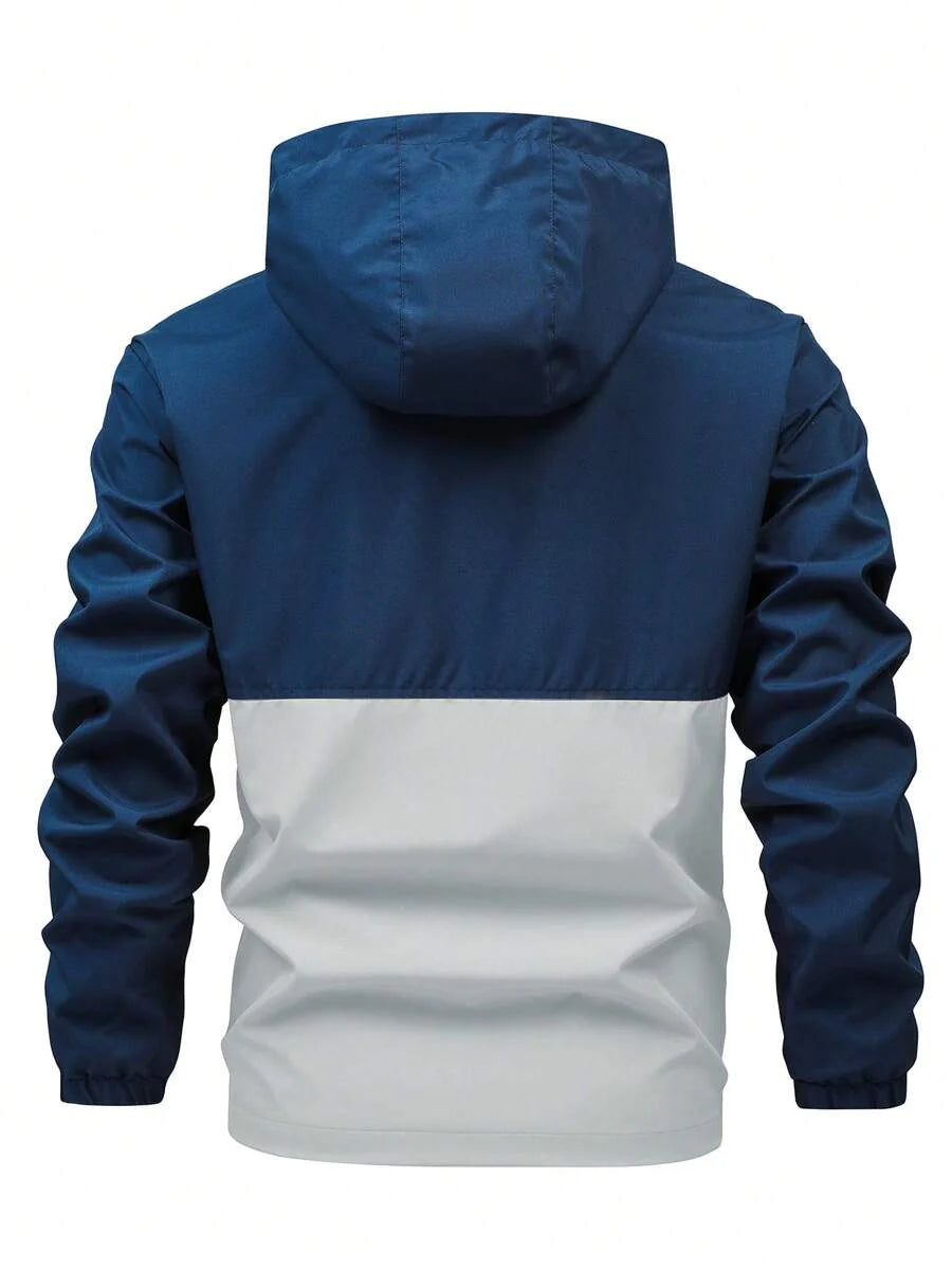 Manfinity Homme Men's Loose Fit Two Tone Letter Graphic Hooded Outdoor Windbreaker Jacket With Drawstring, For Fall