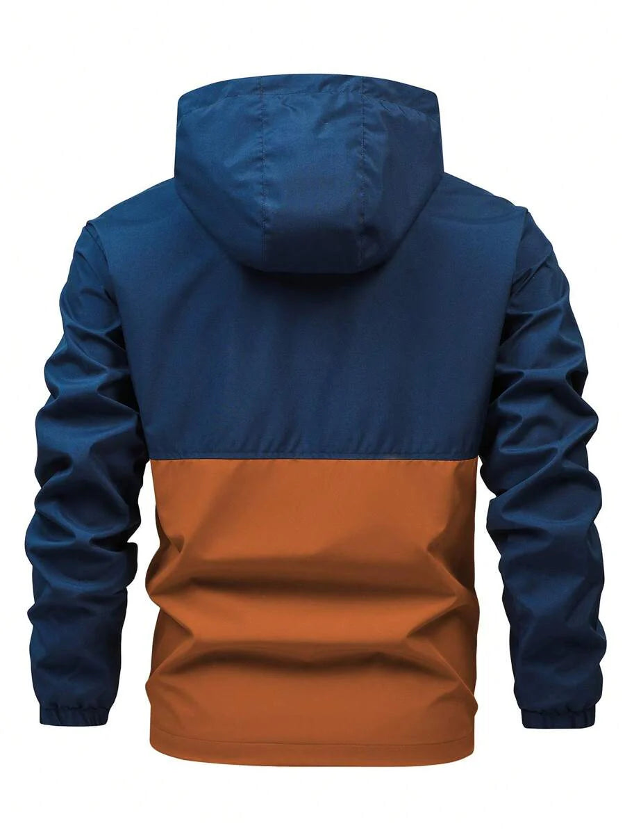 Manfinity Homme Men's Loose Fit Two Tone Letter Graphic Hooded Outdoor Windbreaker Jacket With Drawstring, For Fall