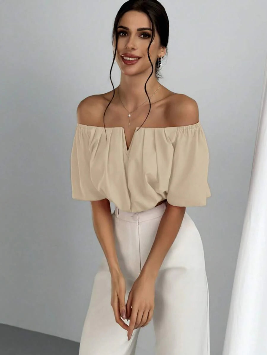Aloruh Solid Color V-Neck Off Shoulder Casual Top