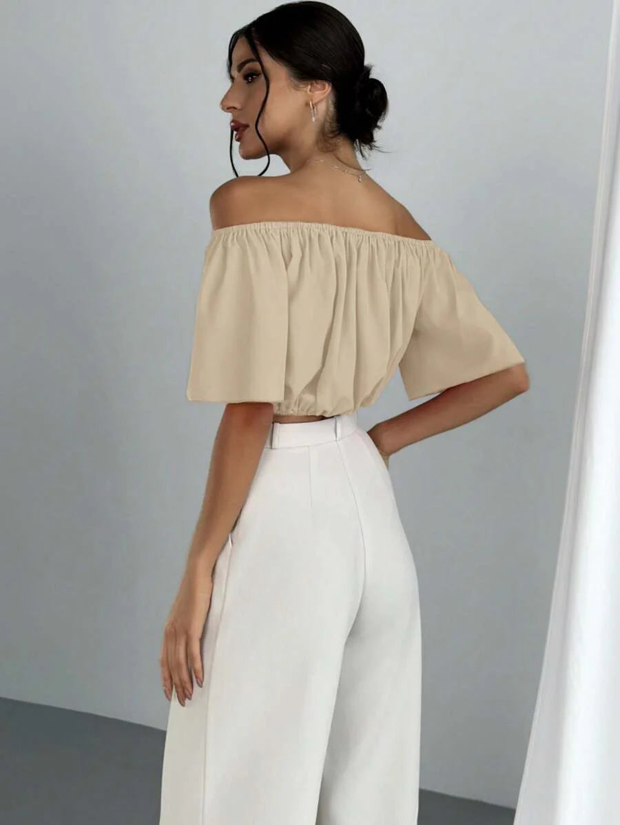 Aloruh Solid Color V-Neck Off Shoulder Casual Top