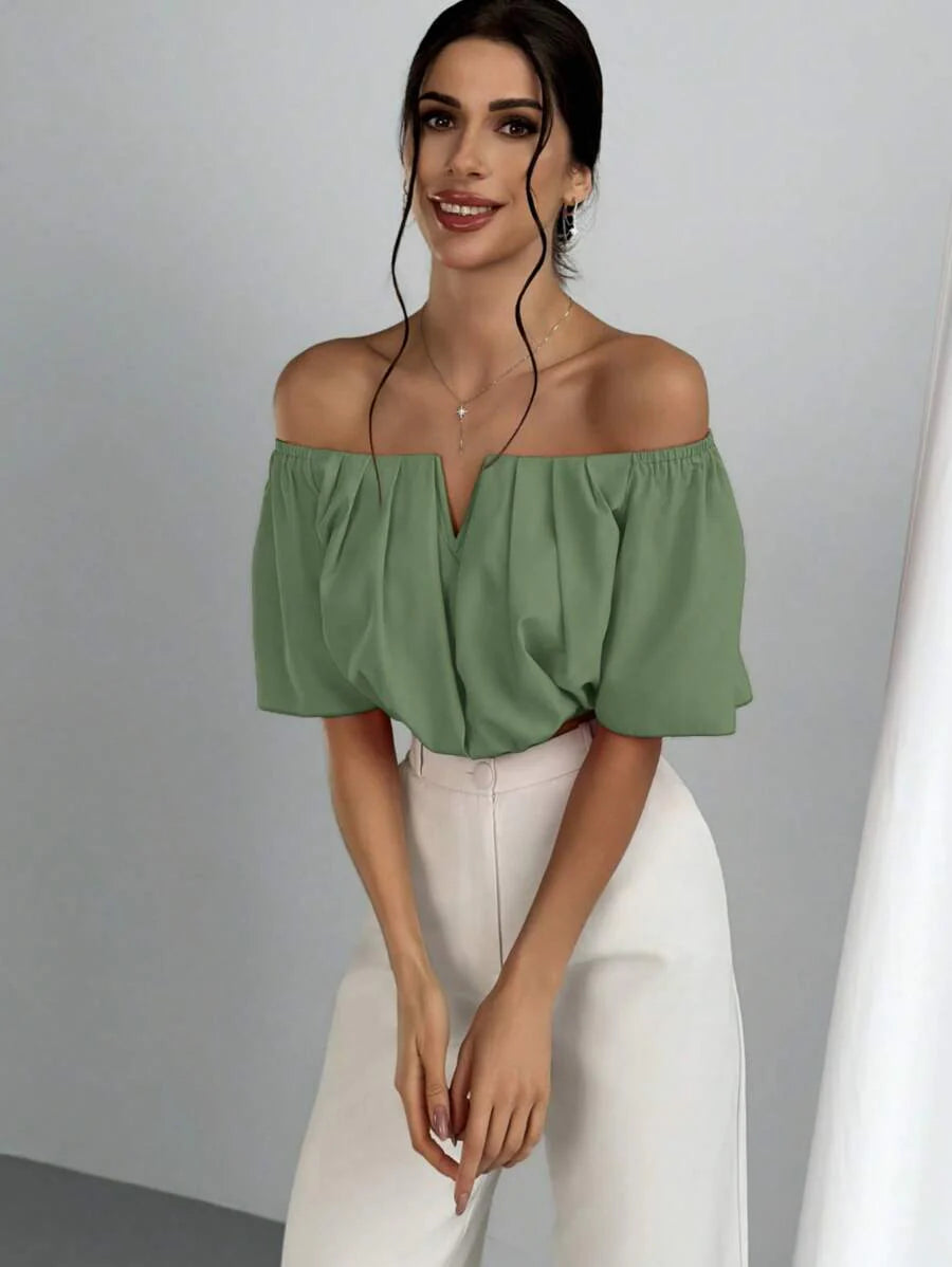 Aloruh Solid Color V-Neck Off Shoulder Casual Top