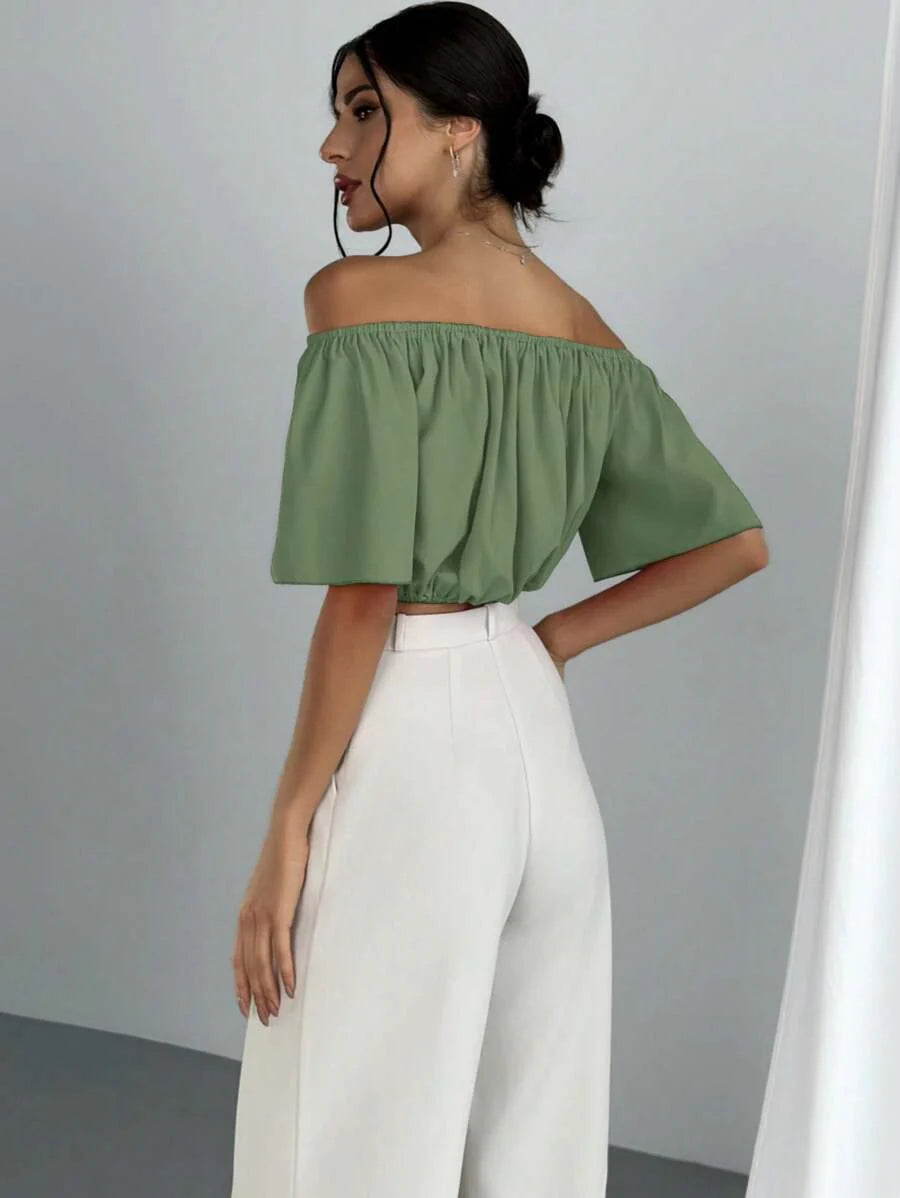 Aloruh Solid Color V-Neck Off Shoulder Casual Top