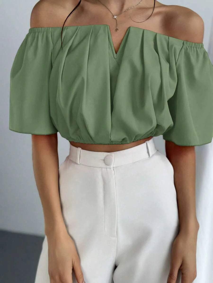 Aloruh Solid Color V-Neck Off Shoulder Casual Top