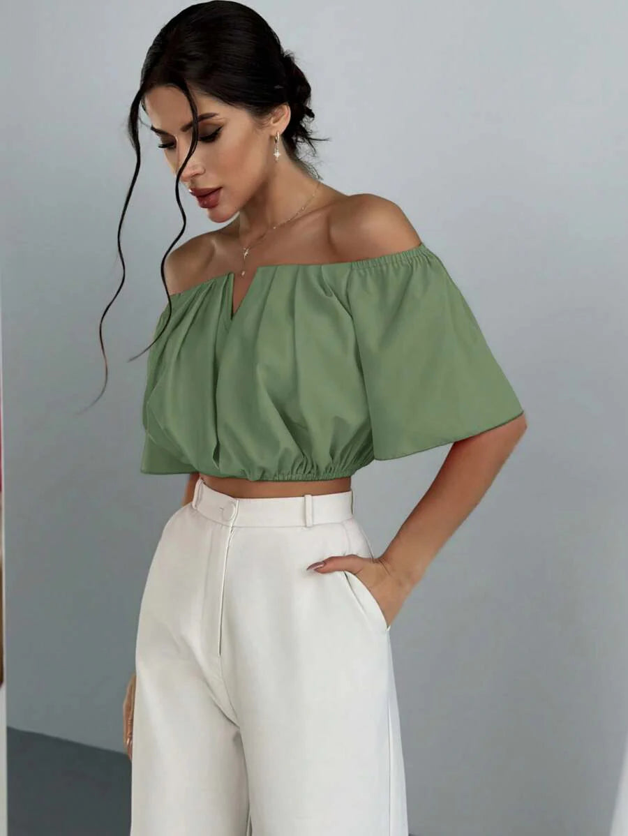 Aloruh Solid Color V-Neck Off Shoulder Casual Top