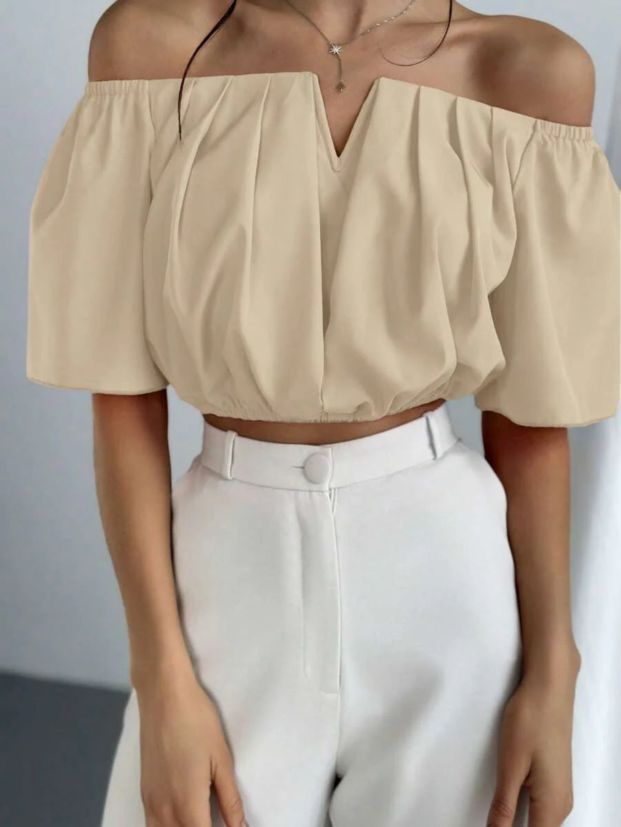 Aloruh Solid Color V-Neck Off Shoulder Casual Top