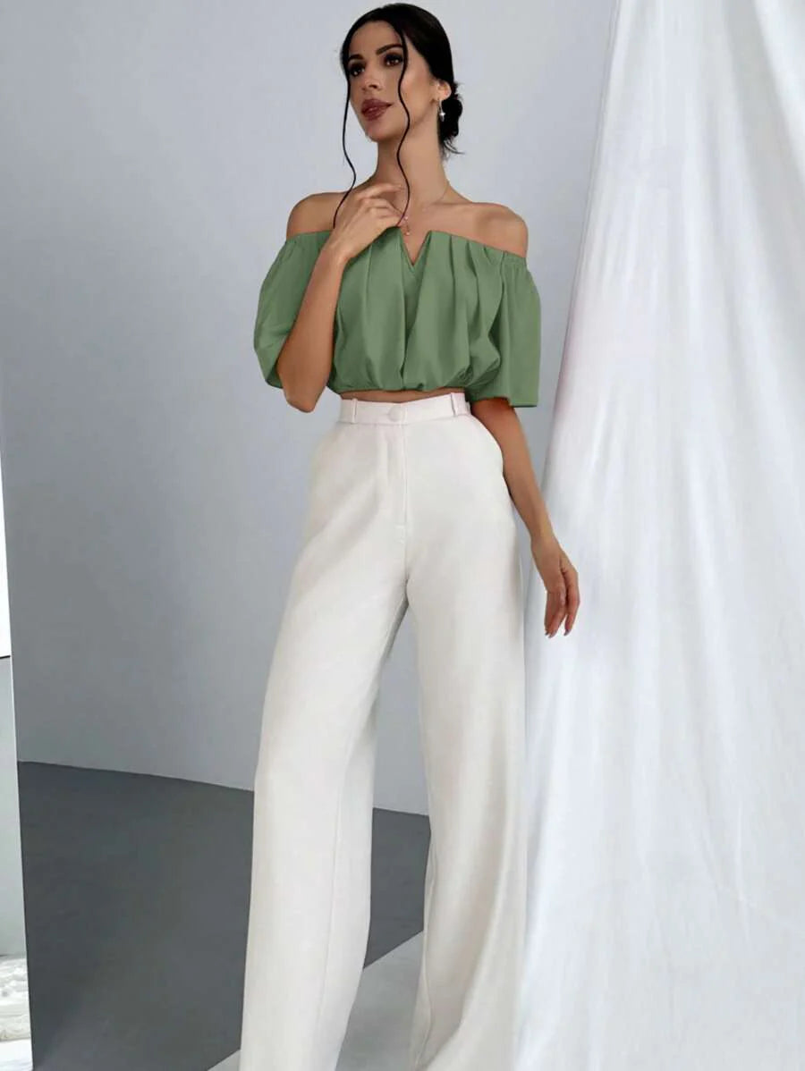 Aloruh Solid Color V-Neck Off Shoulder Casual Top