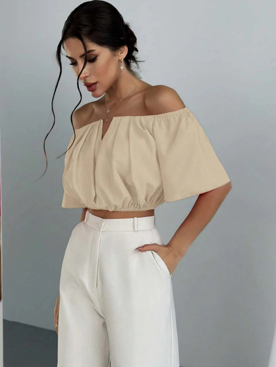 Aloruh Solid Color V-Neck Off Shoulder Casual Top