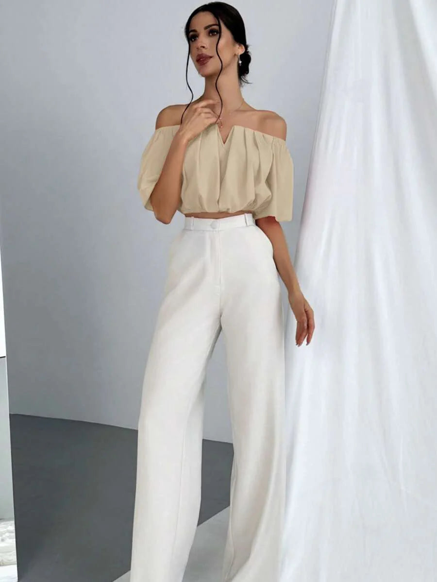 Aloruh Solid Color V-Neck Off Shoulder Casual Top