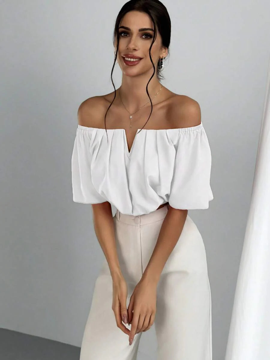 Aloruh Solid Color V-Neck Off Shoulder Casual Top