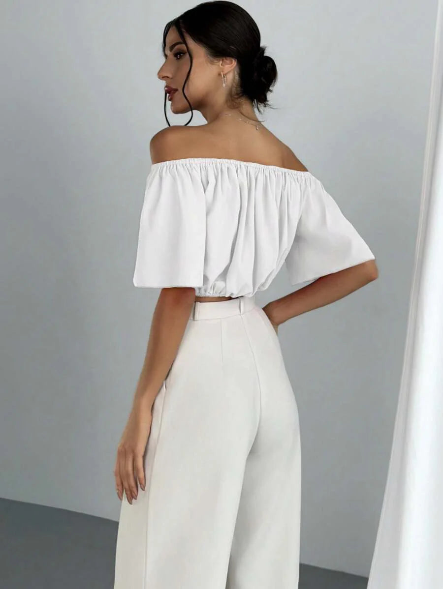 Aloruh Solid Color V-Neck Off Shoulder Casual Top