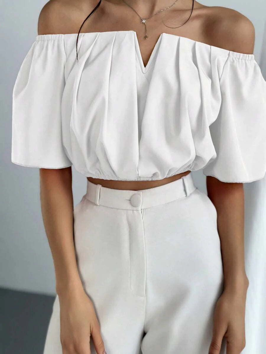 Aloruh Solid Color V-Neck Off Shoulder Casual Top