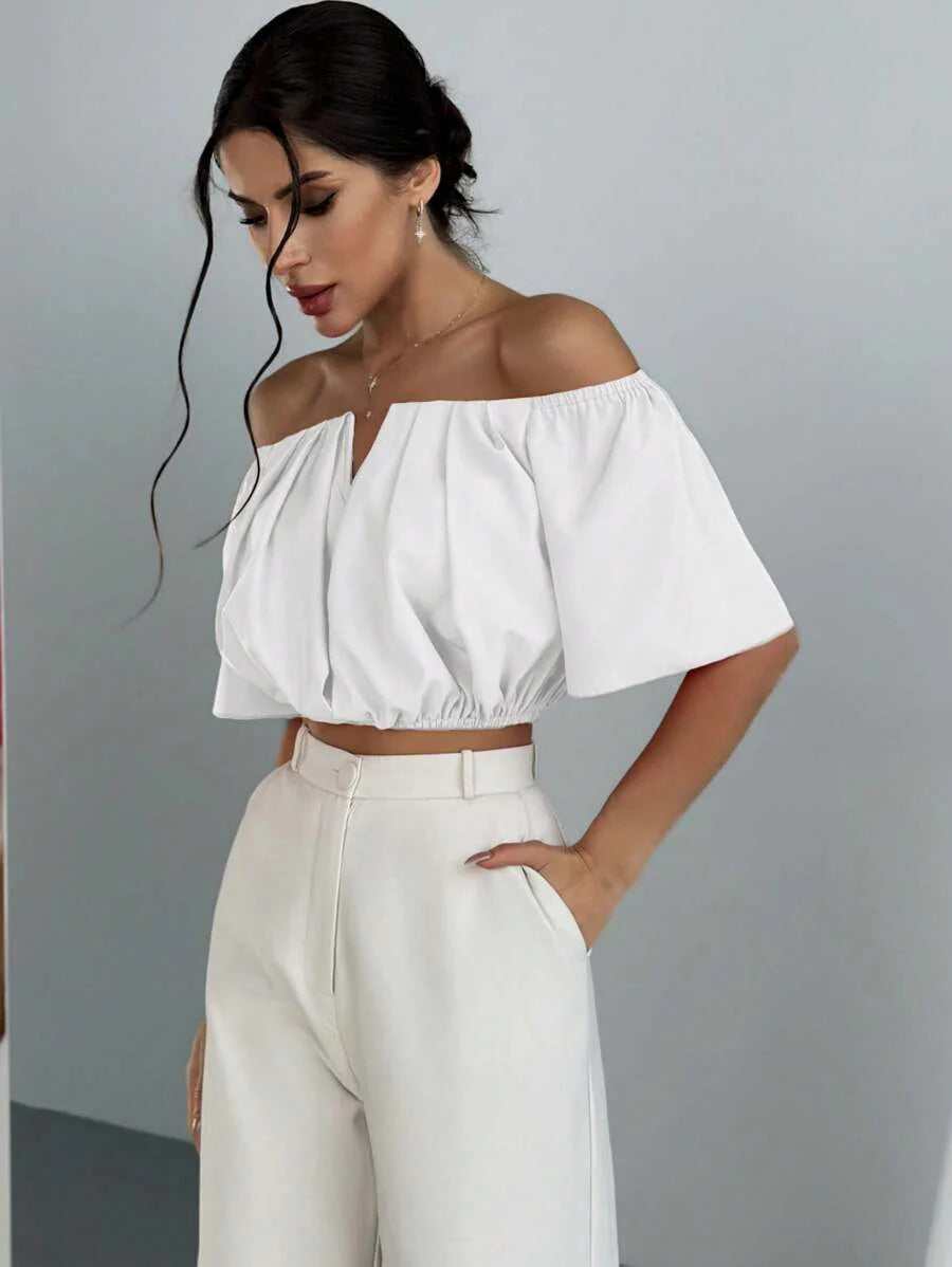 Aloruh Solid Color V-Neck Off Shoulder Casual Top
