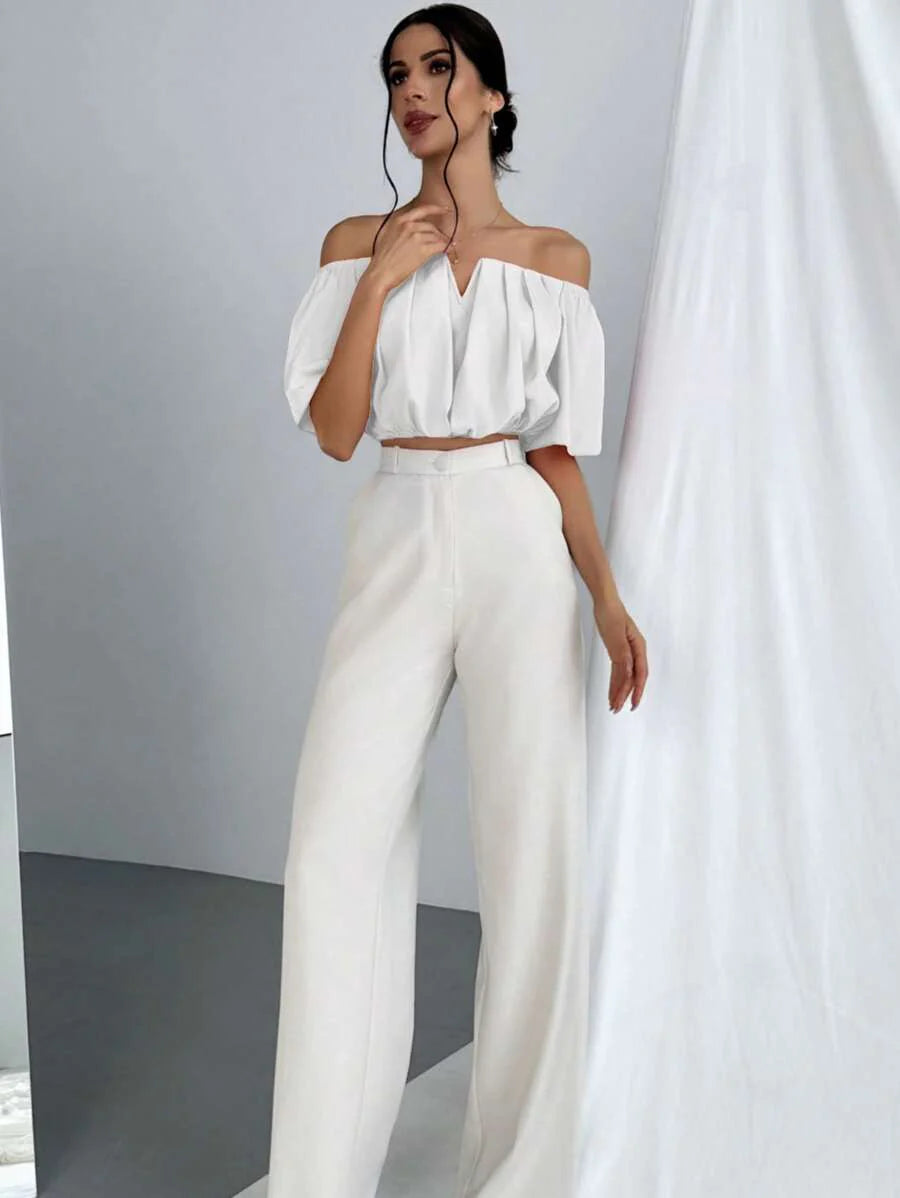 Aloruh Solid Color V-Neck Off Shoulder Casual Top