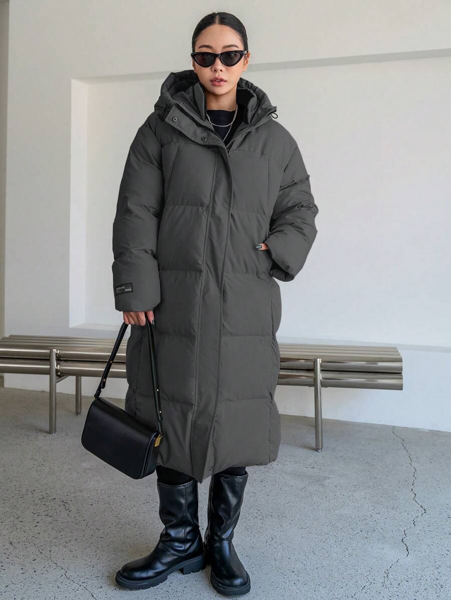 DAZY Letter Patched Detail Zip Up Hooded Padded Coat ,Winter Women Clothes,Winter Coat Women