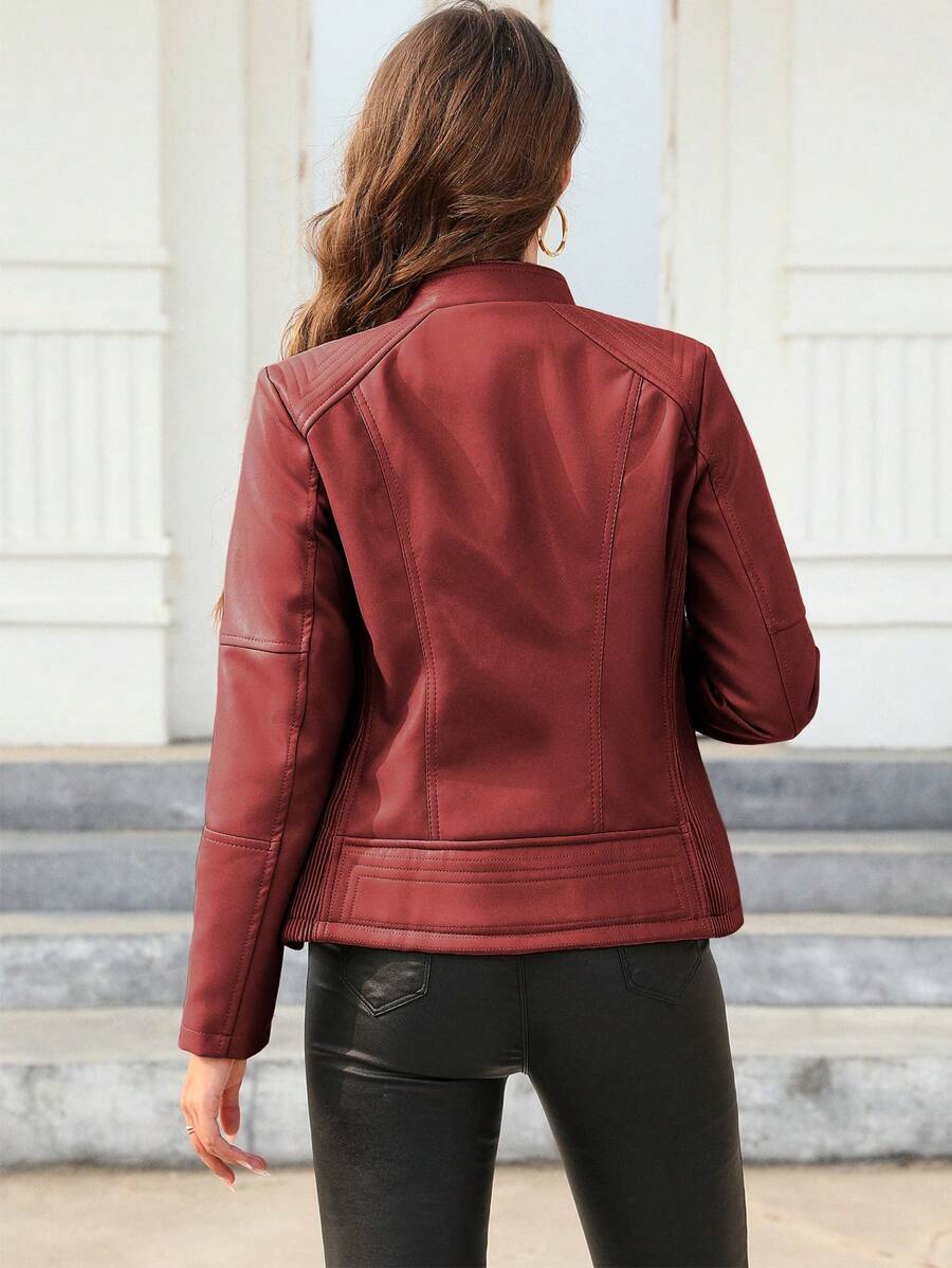 Giolshon Women's Fall/Winter Faux Leather Biker Jacket - Asymmetric Zip, Stand Collar For Edgy Commuting