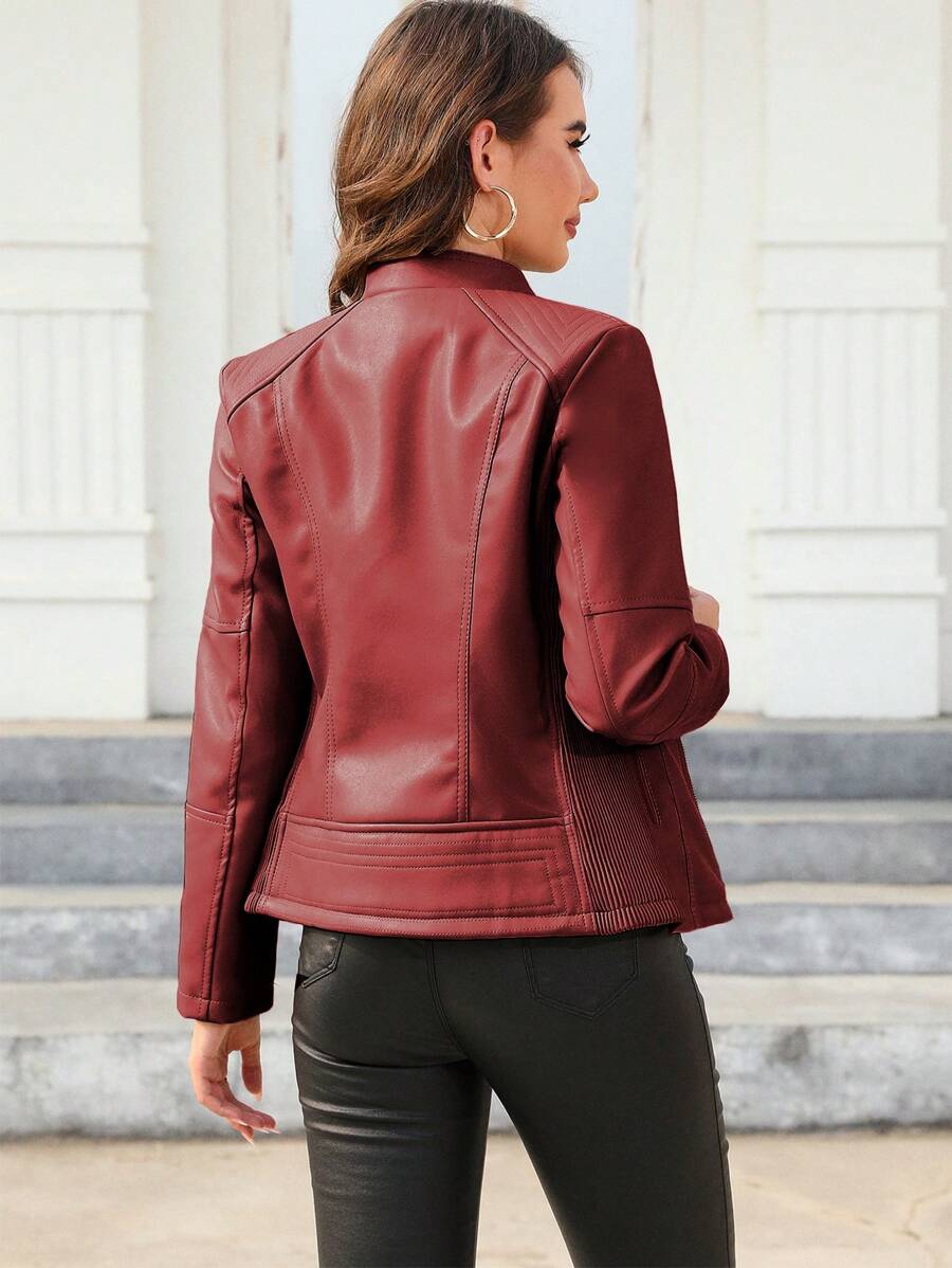 Giolshon Women's Fall/Winter Faux Leather Biker Jacket - Asymmetric Zip, Stand Collar For Edgy Commuting