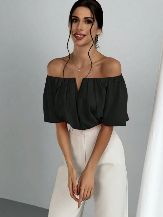 Aloruh Solid Color V-Neck Off Shoulder Casual Top