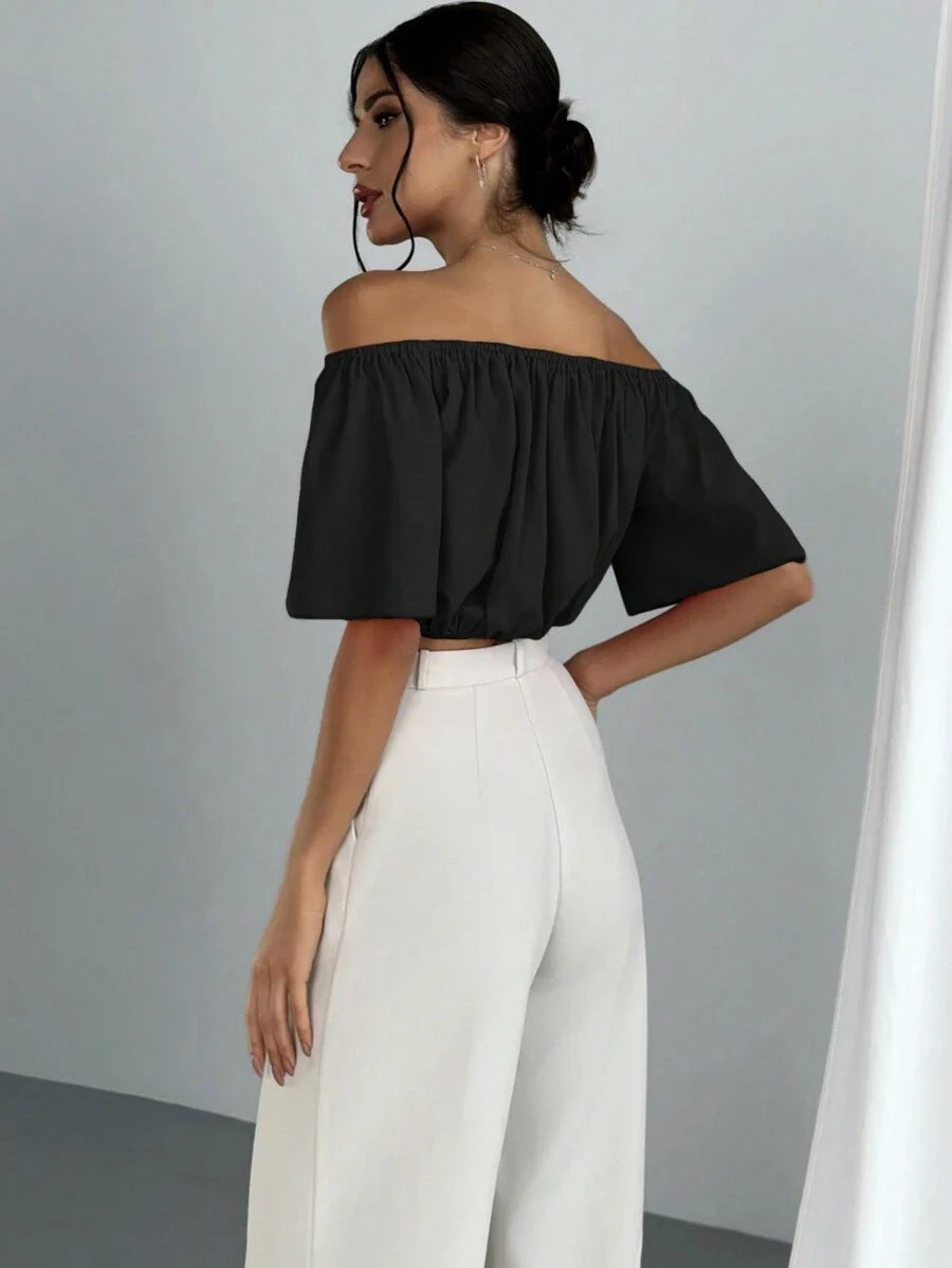 Aloruh Solid Color V-Neck Off Shoulder Casual Top