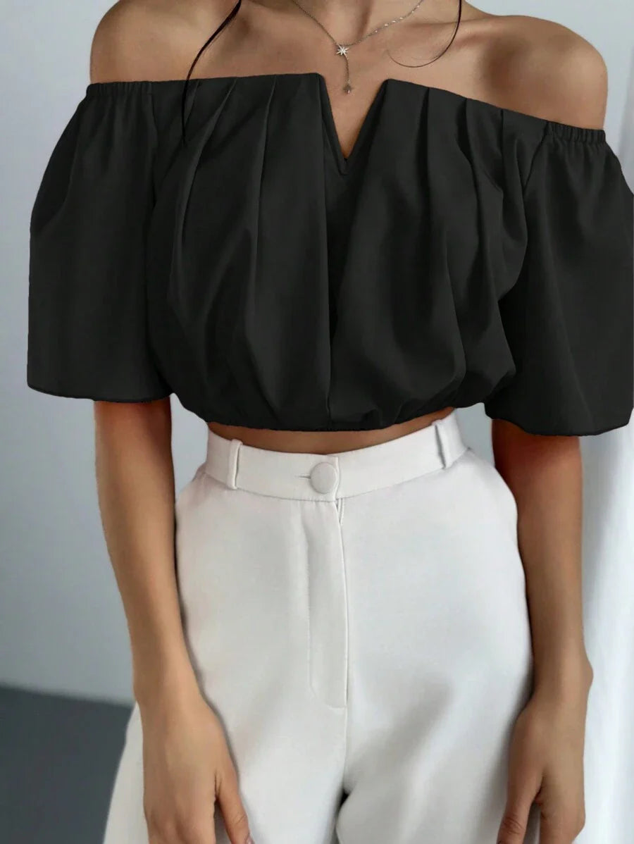 Aloruh Solid Color V-Neck Off Shoulder Casual Top